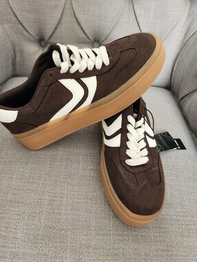 Brown Suede Sneakers with White Accents and Gum Sole